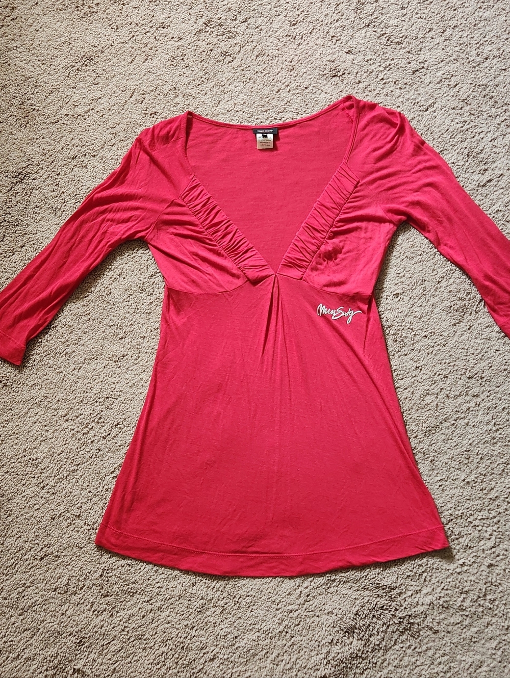 Y2K Miss Sixty Red V Neck Logo Babydoll Cut Soft Cotton Blouse Top XS